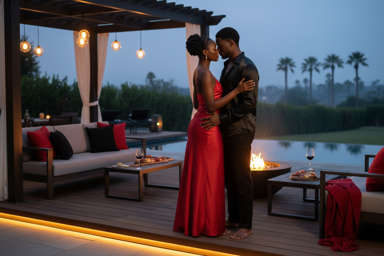 Black couple on luxury deck at a private adult social event hosted by The Clayton Crossroads in North Carolina