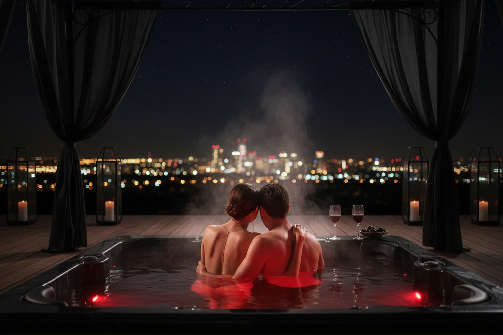 Couple in luxury hot tub similar at a private adult social event hosted by The Clayton Crossroads in North Carolina