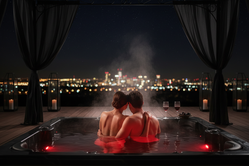 Couple in luxury hot tub similar at a private adult social event hosted by The Clayton Crossroads in North Carolina
