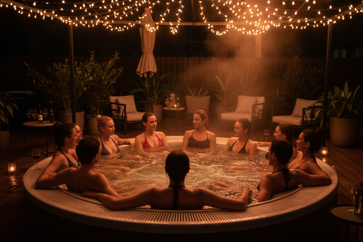 Group in backyard hot tub at a private adult social event hosted by The Clayton Crossroads in North Carolina