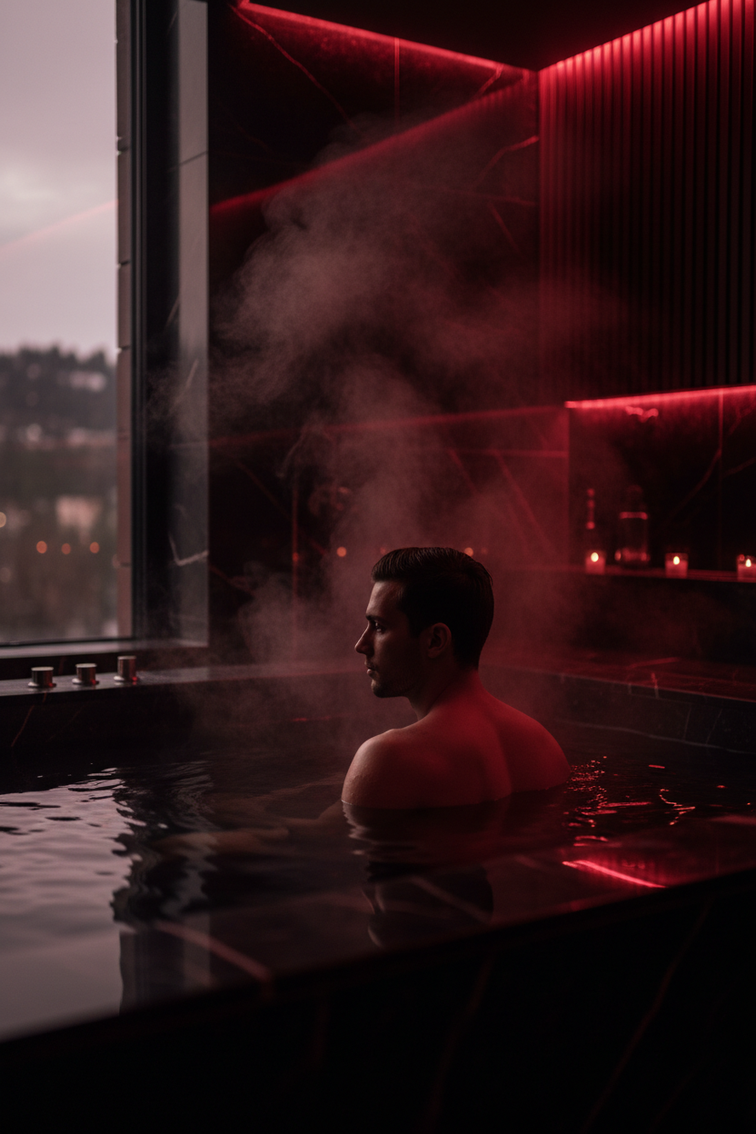 Man in luxury hot tub similarat a private adult social event hosted by The Clayton Crossroads in North Carolina