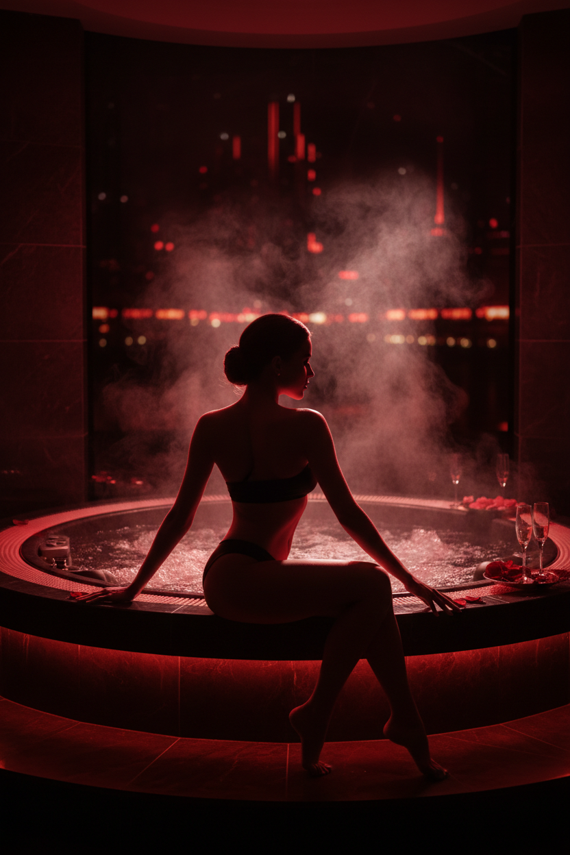 Woman in luxury hot tub similar at a private adult social event hosted by The Clayton Crossroads in North Carolina